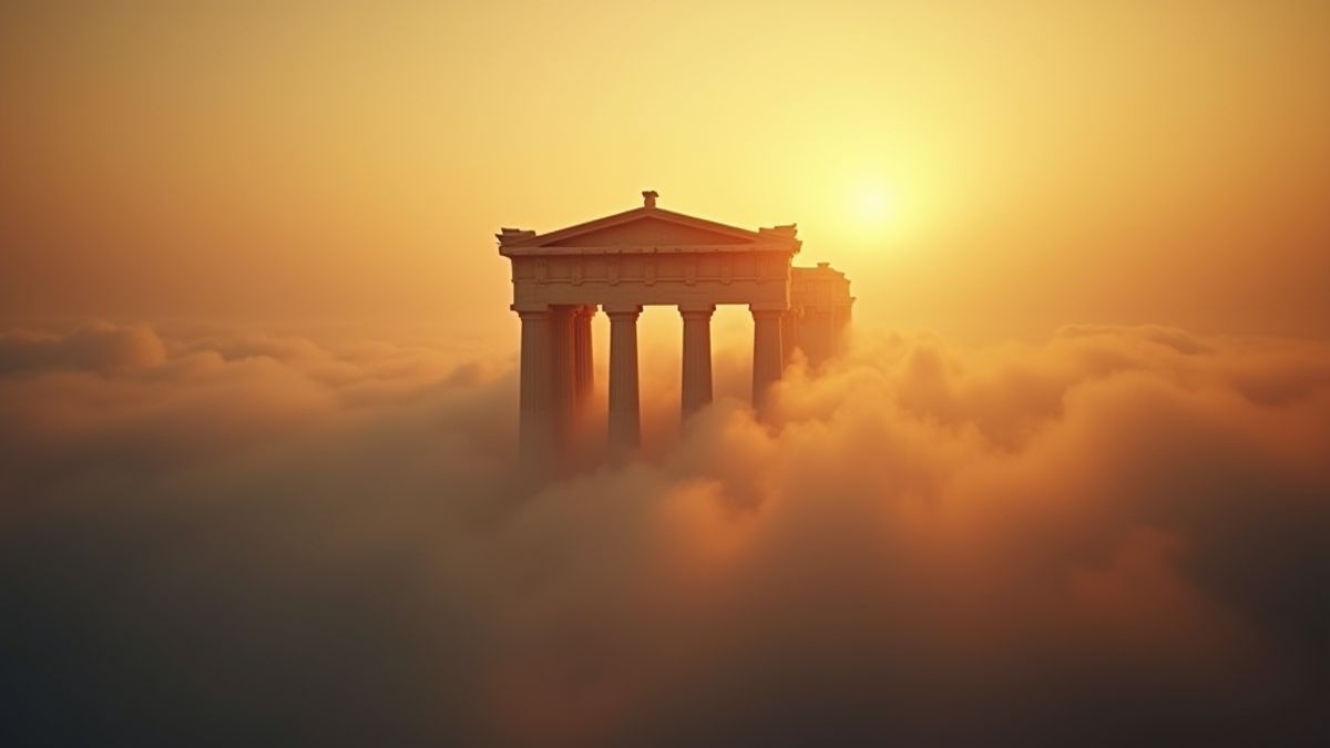 Templo griego con niebla mística y luz dorada.