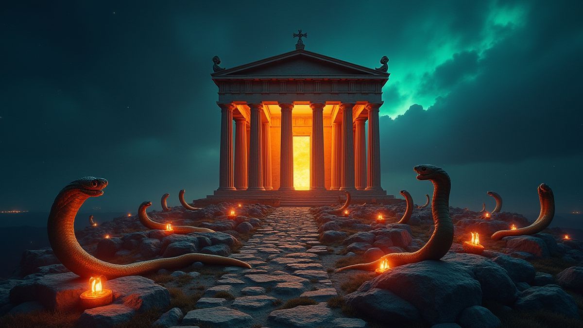Greek temple surrounded by luminous snakes.