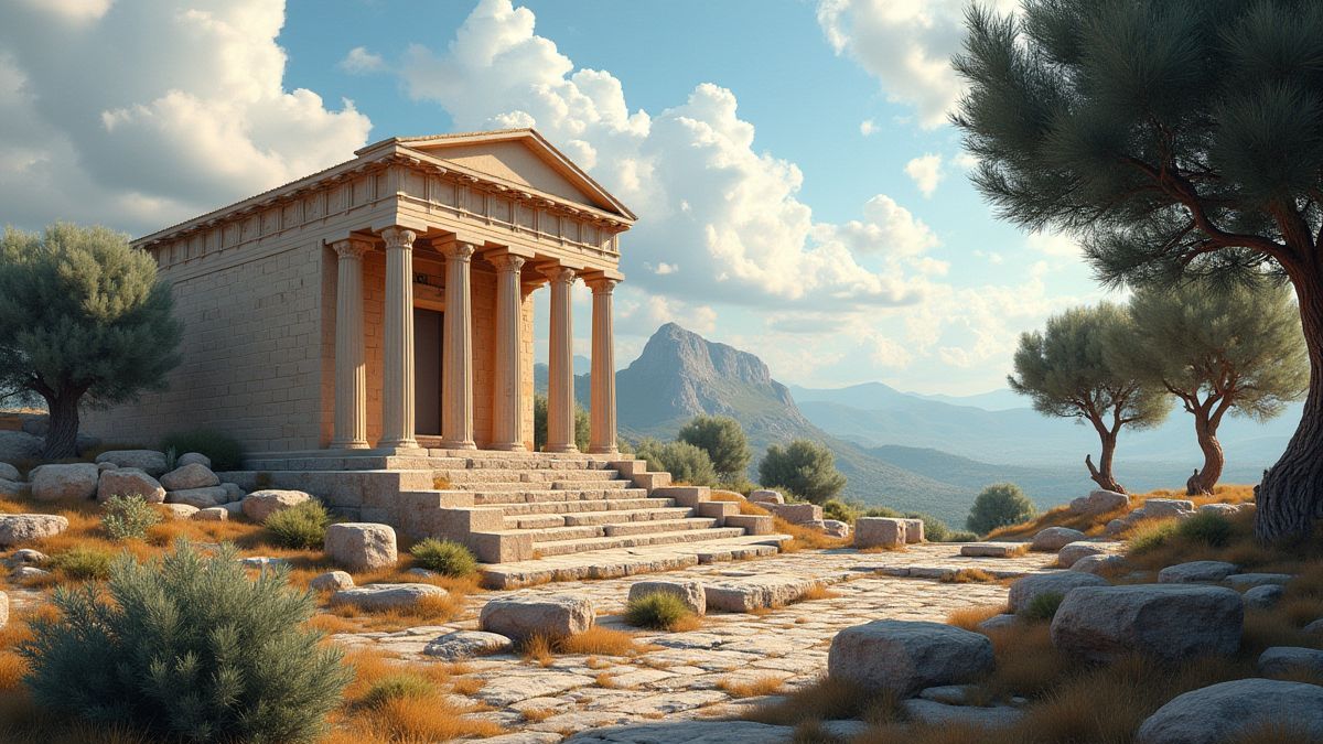 Greek temple surrounded by trees and ancient ruins.