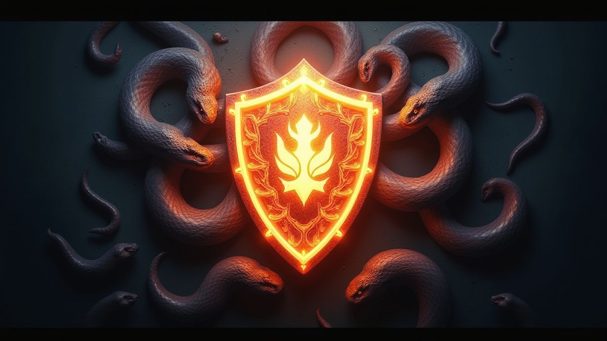 Mythological shield surrounded by brightly glowing snakes.