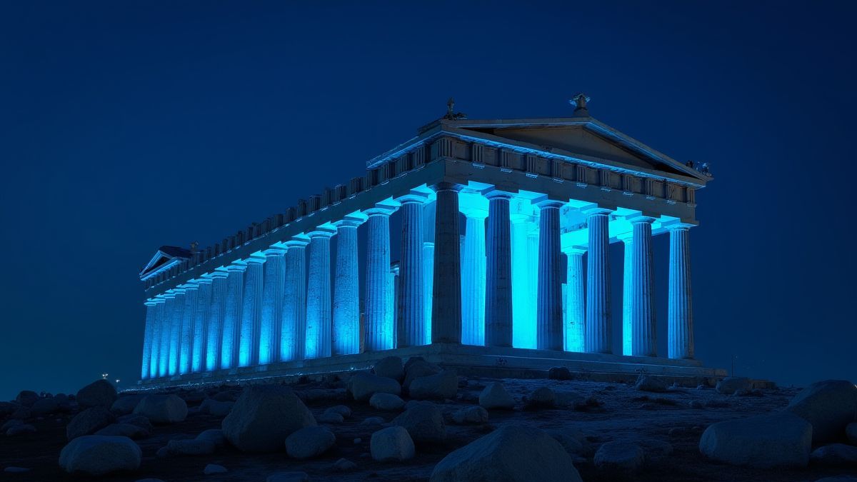Ancient Greek temple illuminated by blue lights at night.