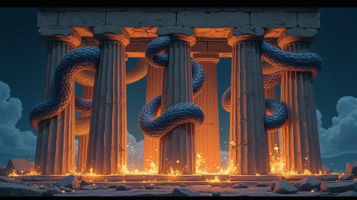 Columnas griegas rodeadas por serpientes mágicas luminosas.