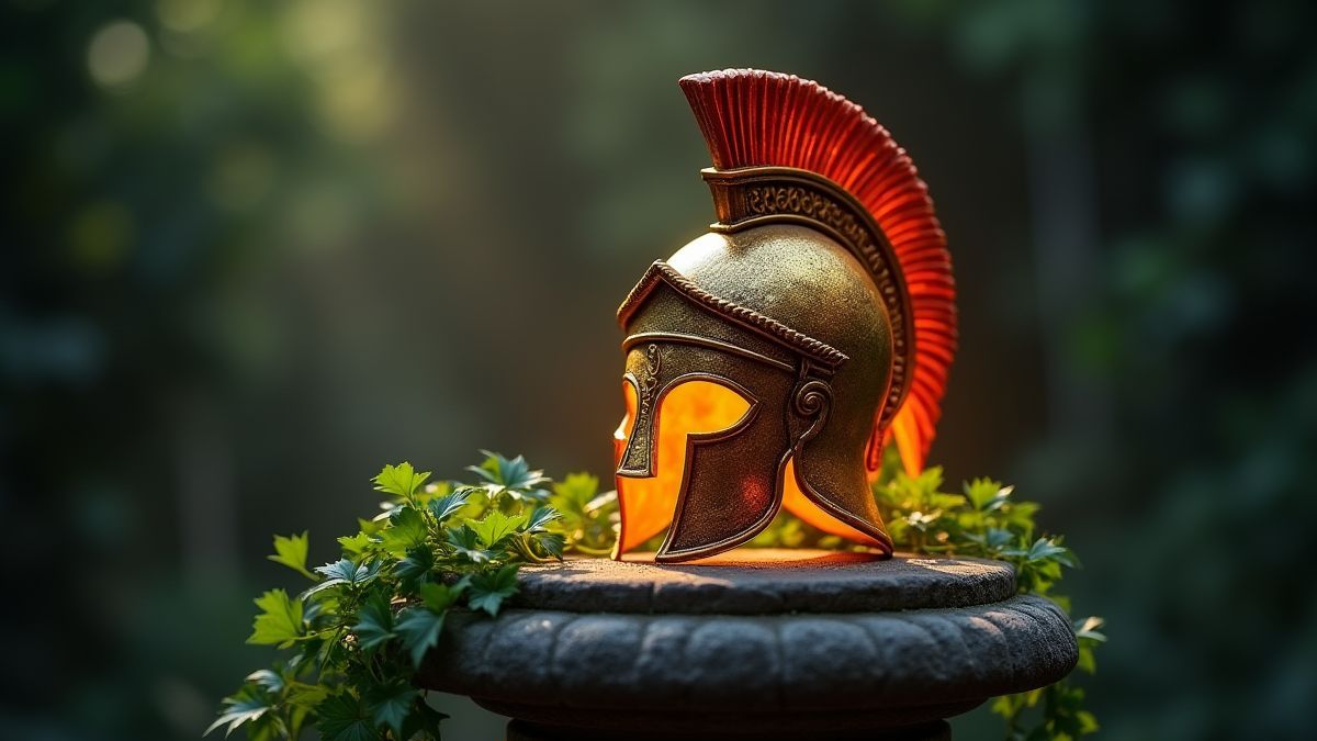 Casco grego luminoso em um pedestal de pedra antiga.