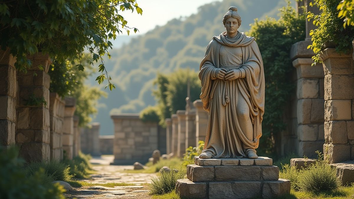 Estátua de soldado de pedra entre ruínas gregas.