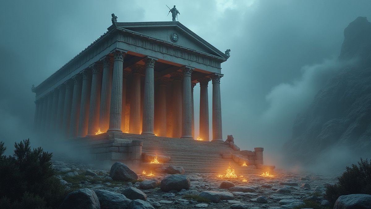 Greek temple surrounded by mist and shining treasures.