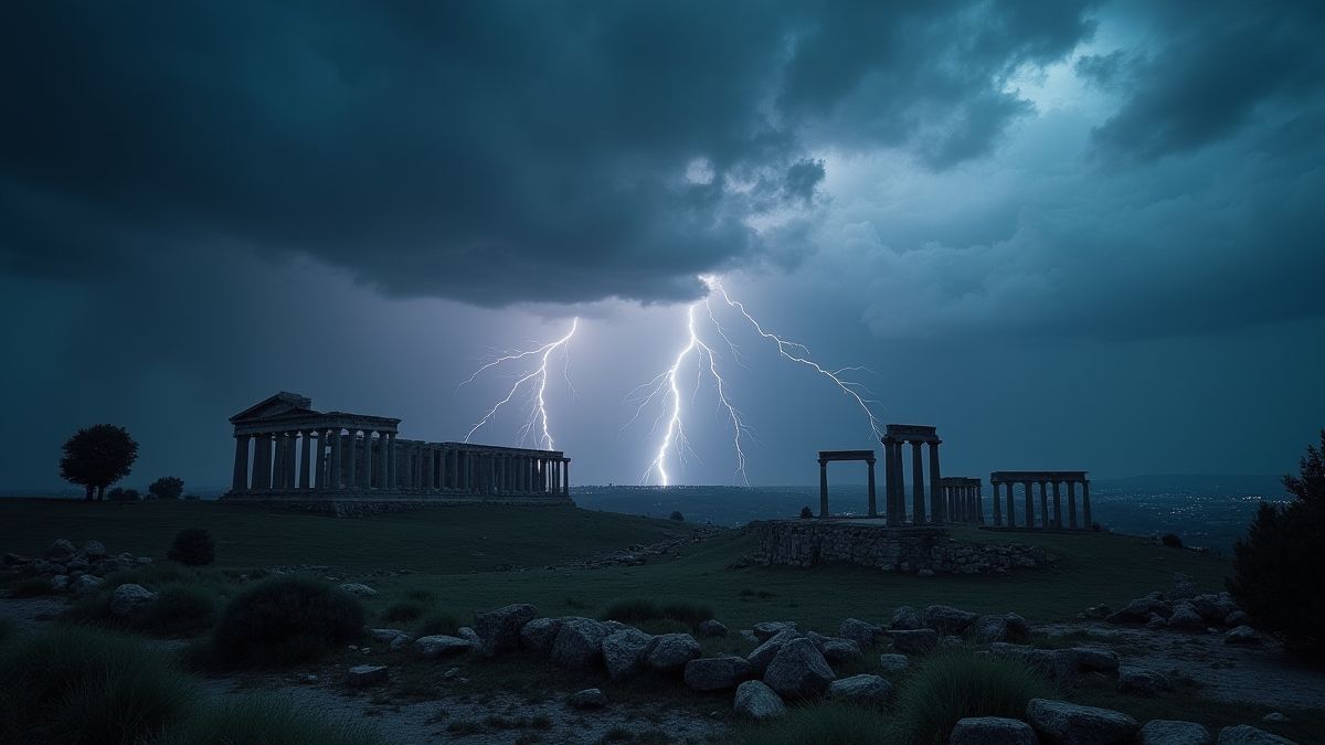 Greek ruins under storm and lightning