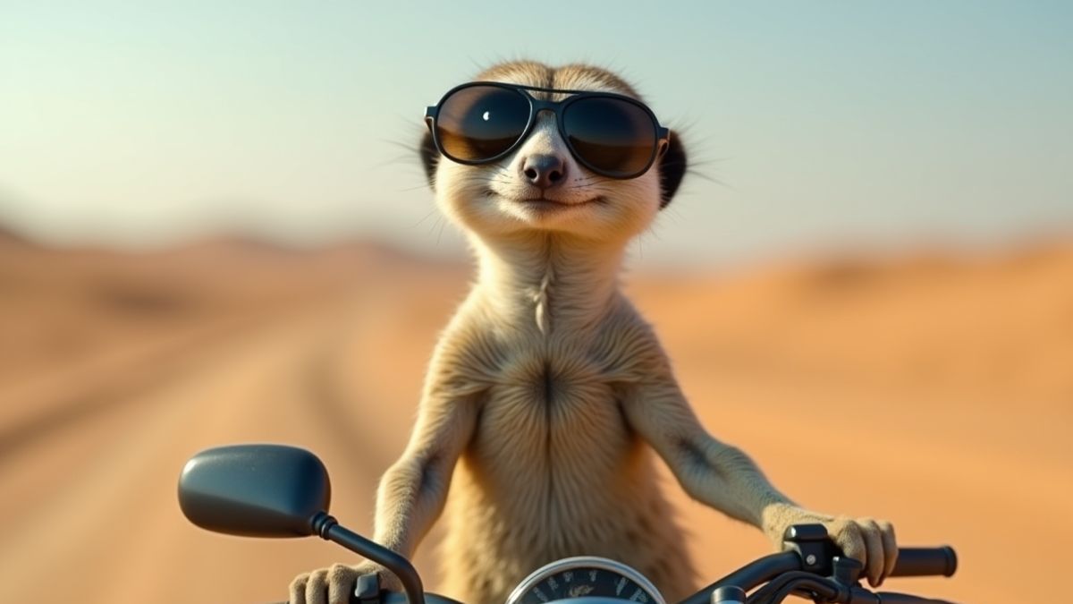 Ein Erdmännchen mit Sonnenbrille auf einem Motorrad in einer Wüstenlandschaft.