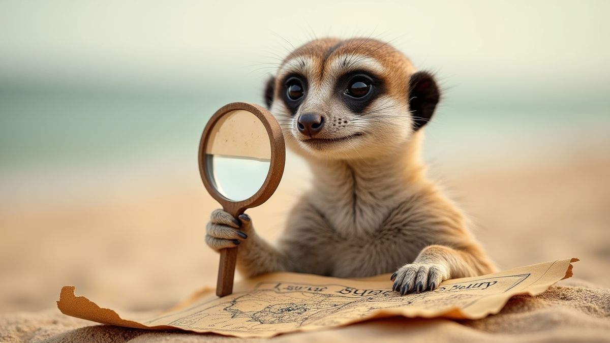 Ein verspieltes Erdmännchen mit einer Lupe über einer Schatzkarte am Strand.