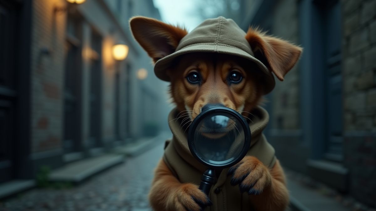 A detective dog with a magnifying glass and a mysterious alley in the background.