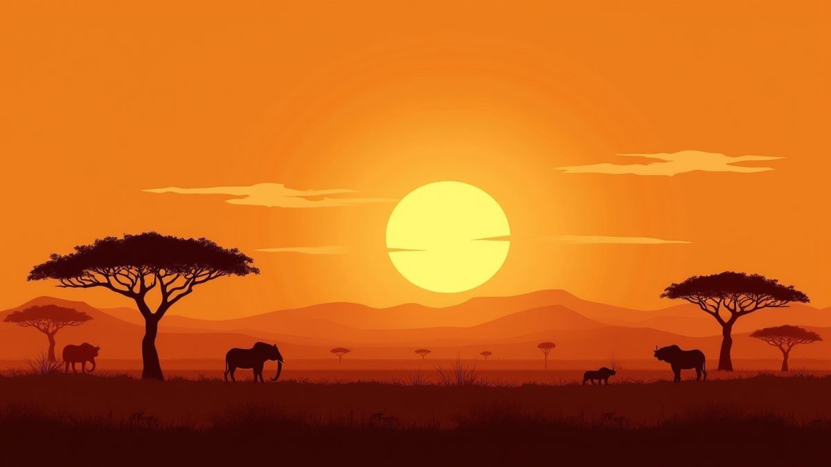 Sabana africana ao pôr do sol com árvores de acácia e fauna silhuetada.