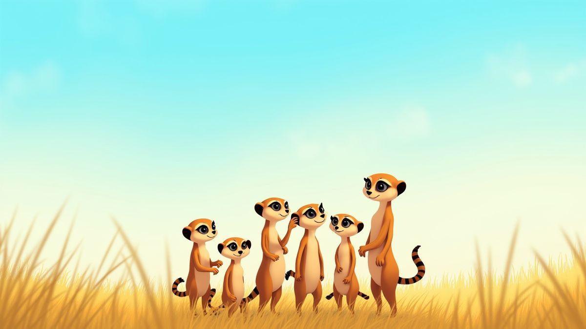 Família de suricatos brincando em uma planície africana sob um céu azul.