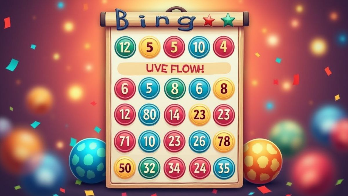 Bingokaart met kleurrijke nummers en een feestelijke achtergrond.