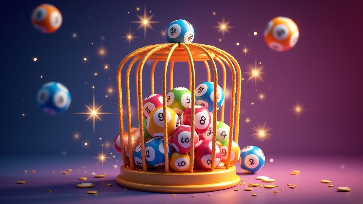 Kleurige bingokooi met ballen die eruit vallen, omringd door sprankels.