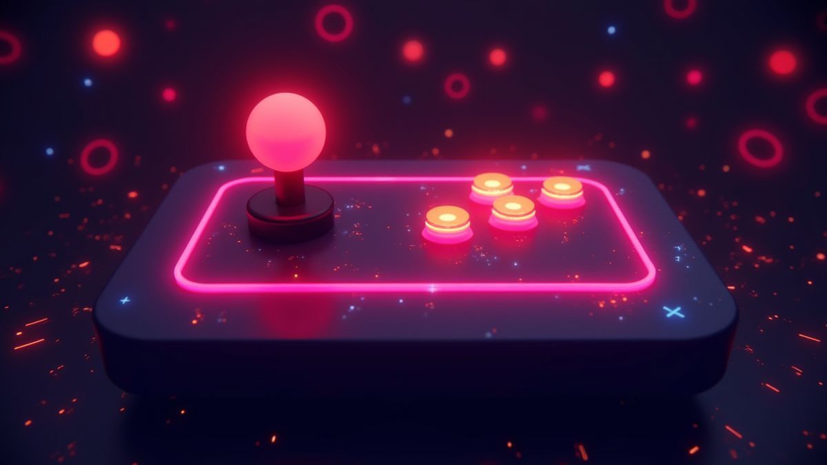 Retro pixelated joystick with neon lights.