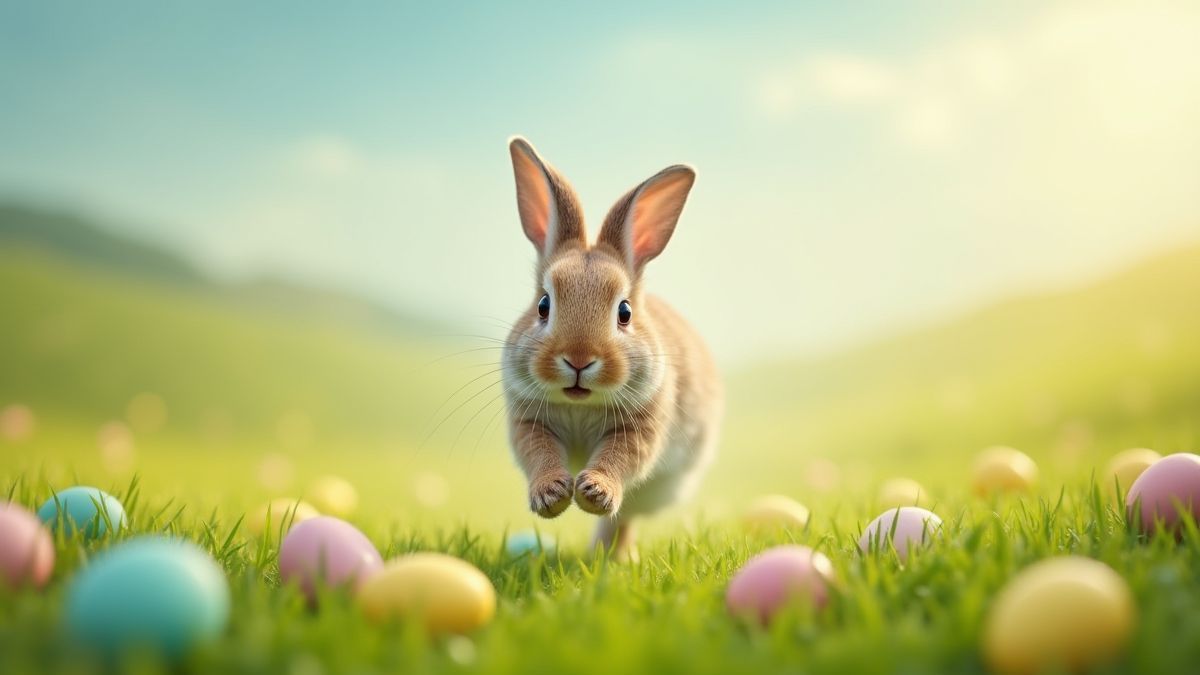 Un lapin bondissant dans des champs verts avec des œufs de Pâques.