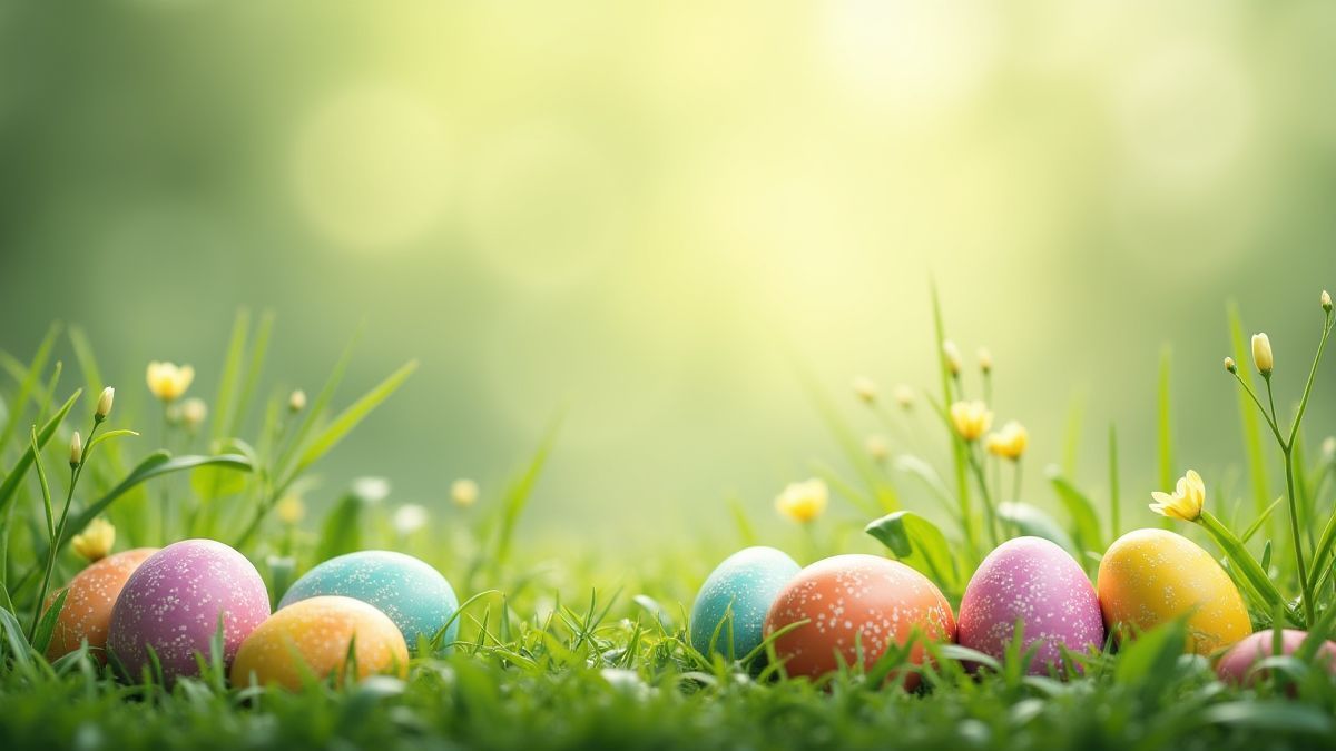 Une scène festive de Pâques avec des œufs colorés et des pâturages verts.