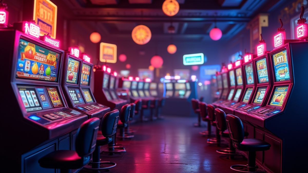 Retro casino setting with neon lights and classic symbols.