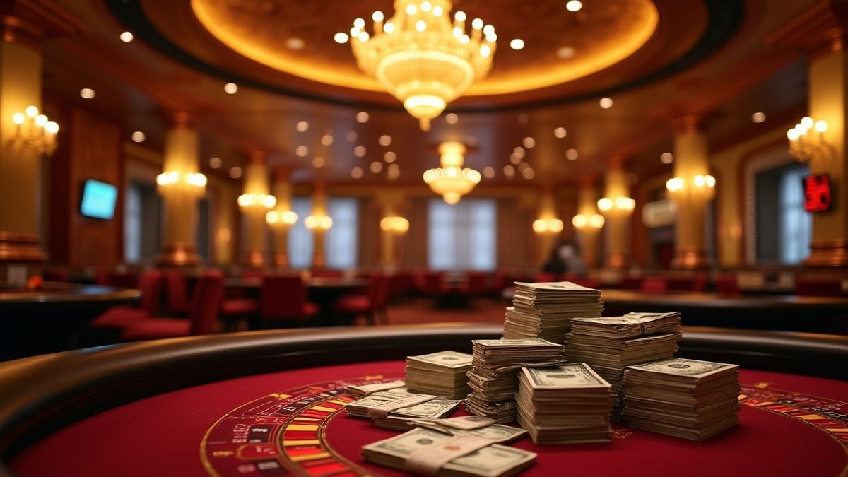 Interior de um cassino luxuoso com candelabros dourados e pilhas de notas sobre as mesas.