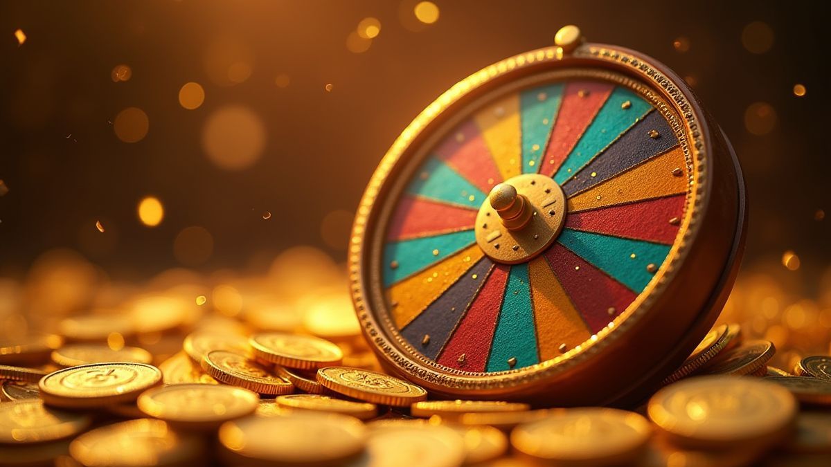 Roda giratória rodeada de moedas de ouro e efeitos brilhantes.