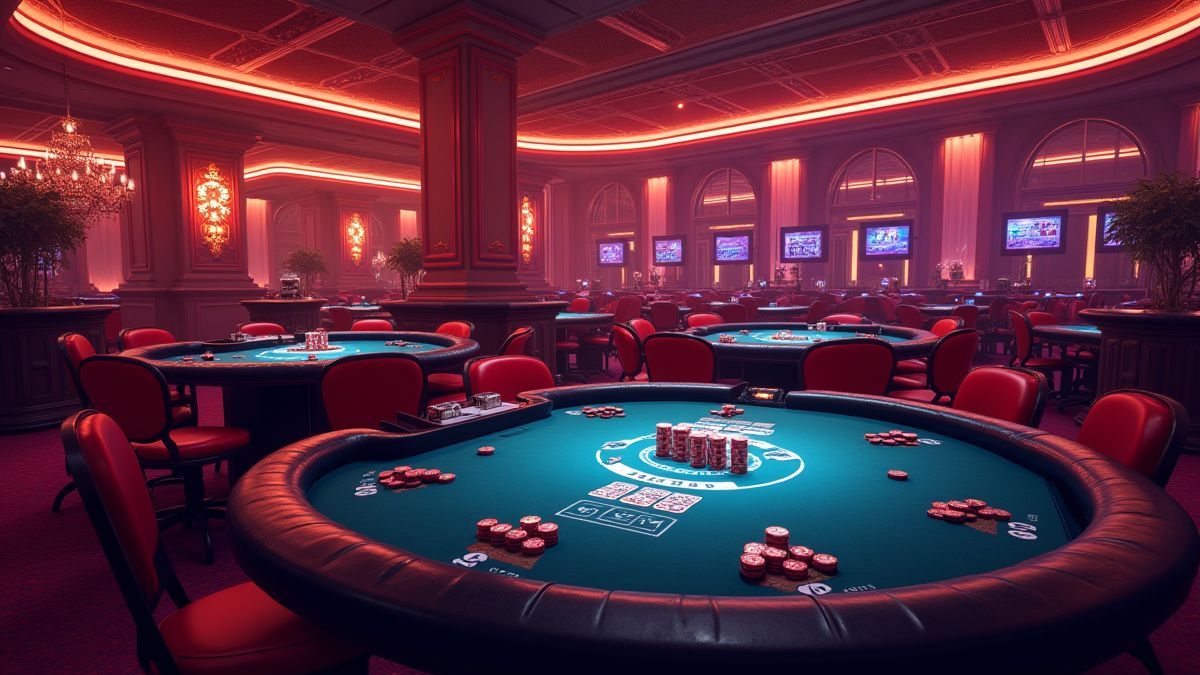 Casino glamuroso com mesas de pôquer e uma atmosfera vibrante.