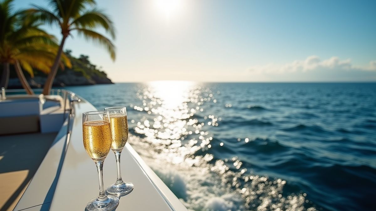 Vue de l'océan depuis un yacht de luxe avec des coupes de champagne et des palmiers.