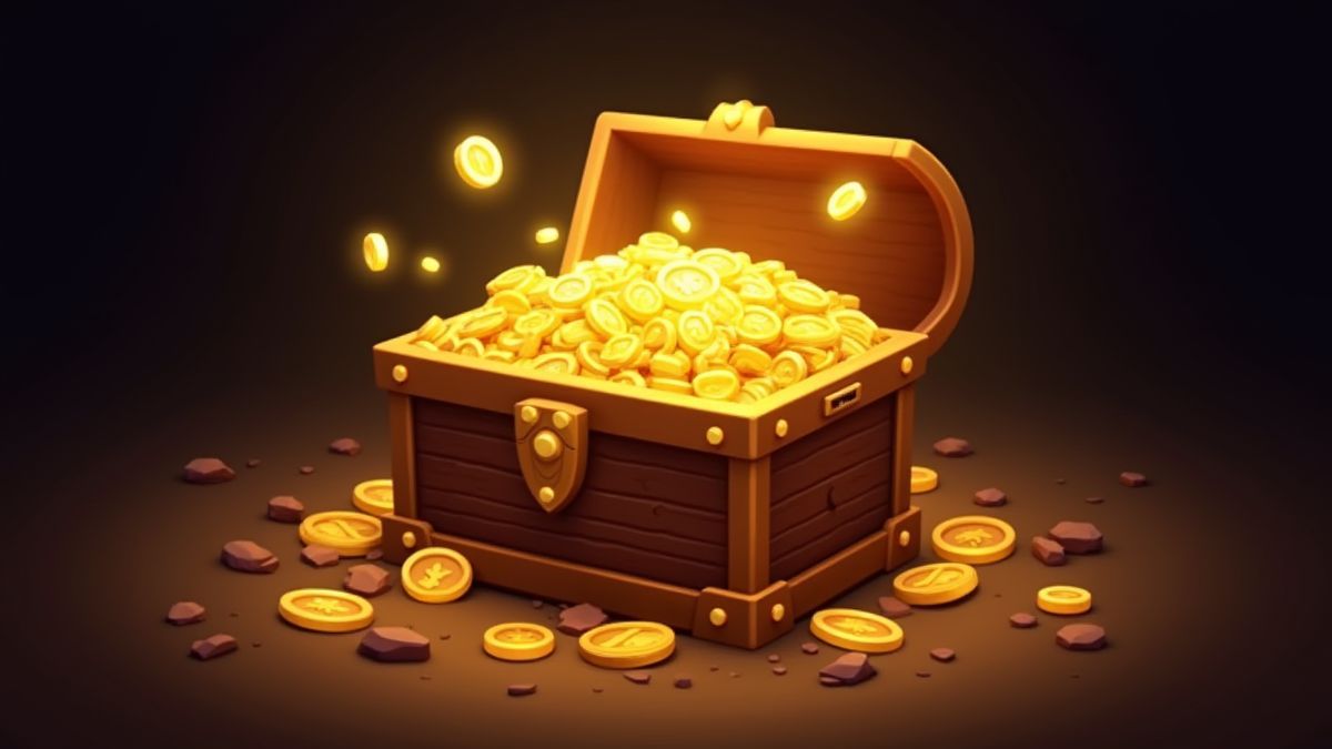 Coffre au trésor rempli de pièces d'or et de diamants dans un style animé.