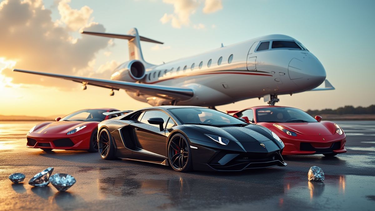 Een sportwagen, een diamant en een privéjet.