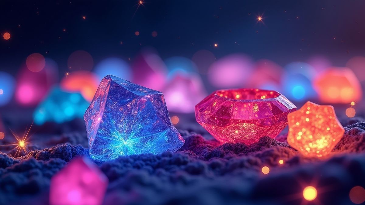 Gemas vibrantes iluminadas por neón en el espacio exterior.