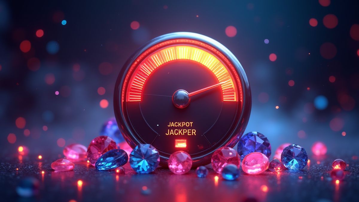 Medidor de bote iluminado rodeado de gemas brillantes en un entorno futurista.