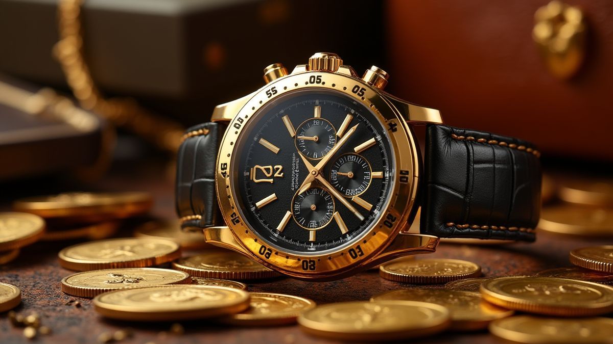 Montre de créateur entourée de pièces d'or et d'articles de luxe.
