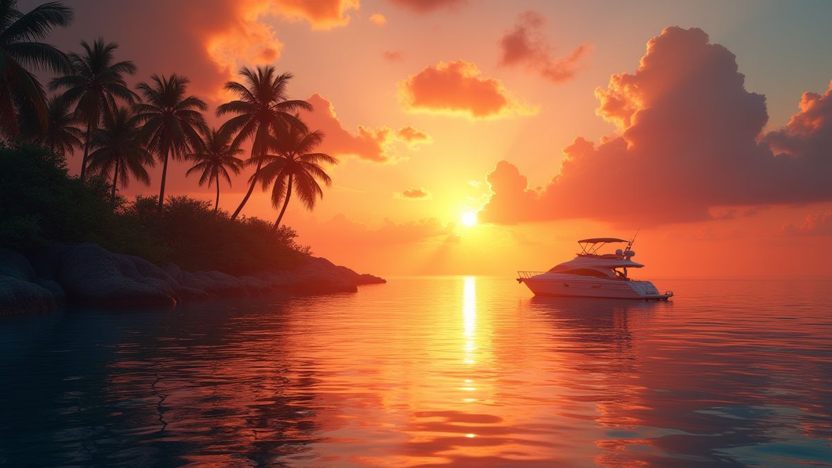 Coucher de soleil tropical avec yacht à l'horizon.