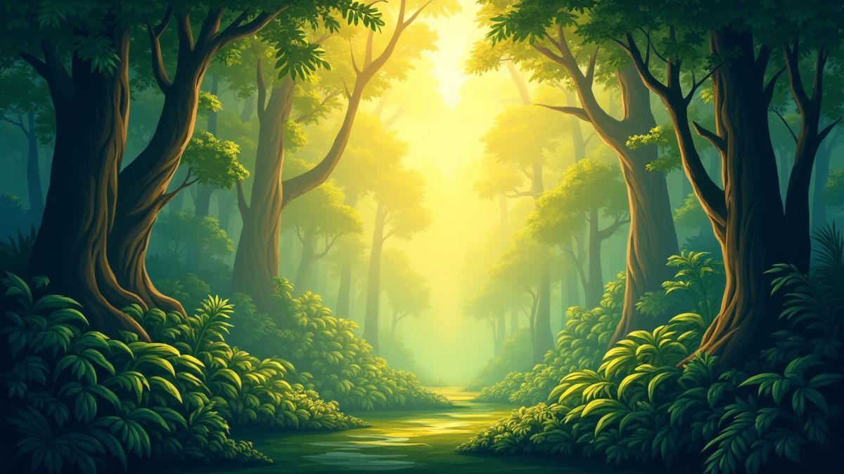 Lush jungle illuminated by golden sunlight
