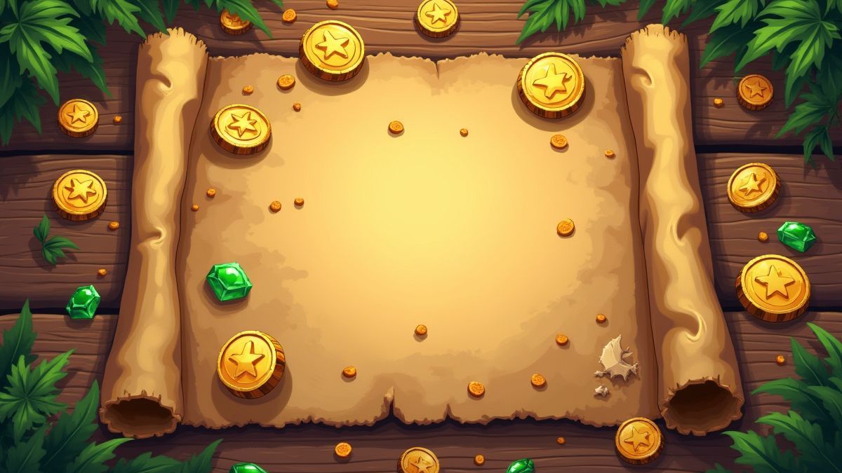 Treasure map with gold coins and emeralds
