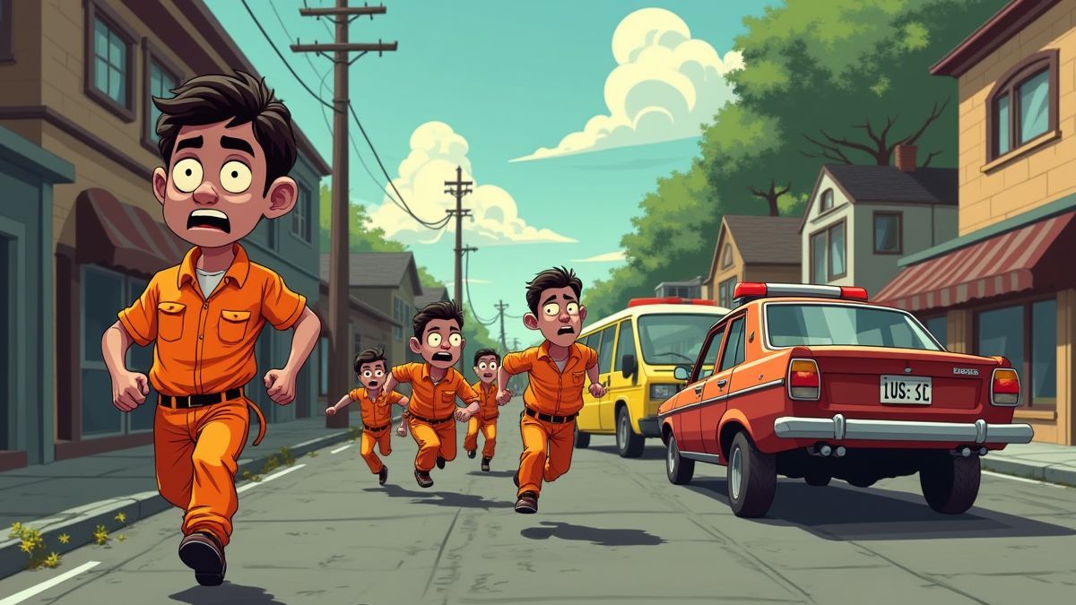 Animated scene of prisoners escaping towards getaway vehicles