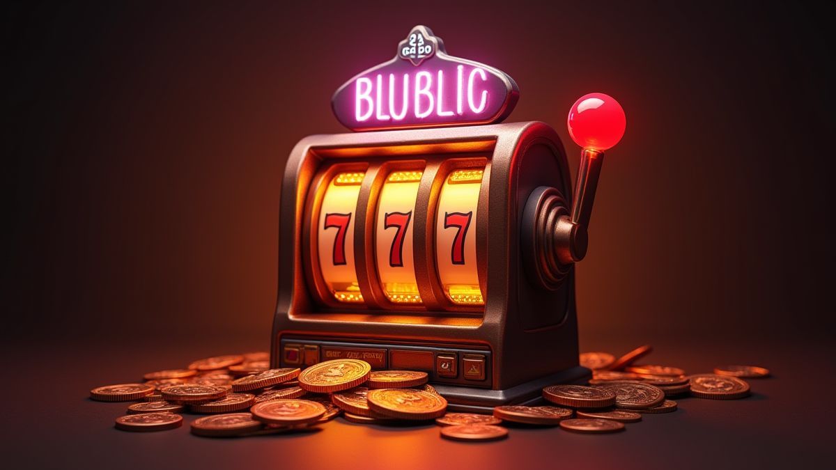 Retro-Slot-Maschine mit leuchtenden Lichtern und herabfallenden Münzen.