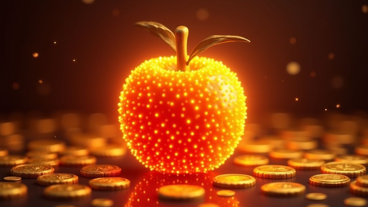 Frucht-Symbol in einem Retro-Slot umgeben von goldenen Münzen.