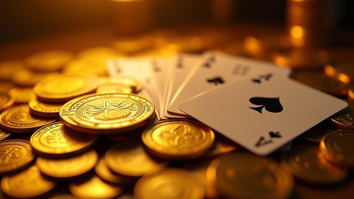 Montanha de moedas douradas e cartas brilhantes.