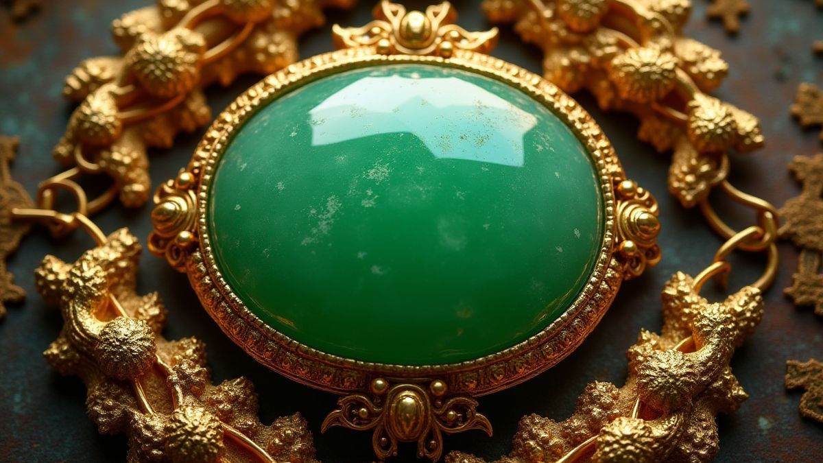 Joya de jade rodeada de ornamentos dorados en un entorno asiático.