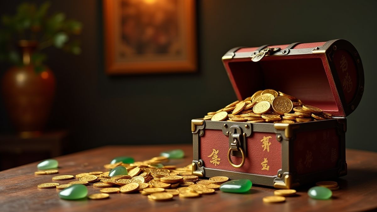 Monedas doradas y piedras de jade saliendo de un cofre del tesoro.