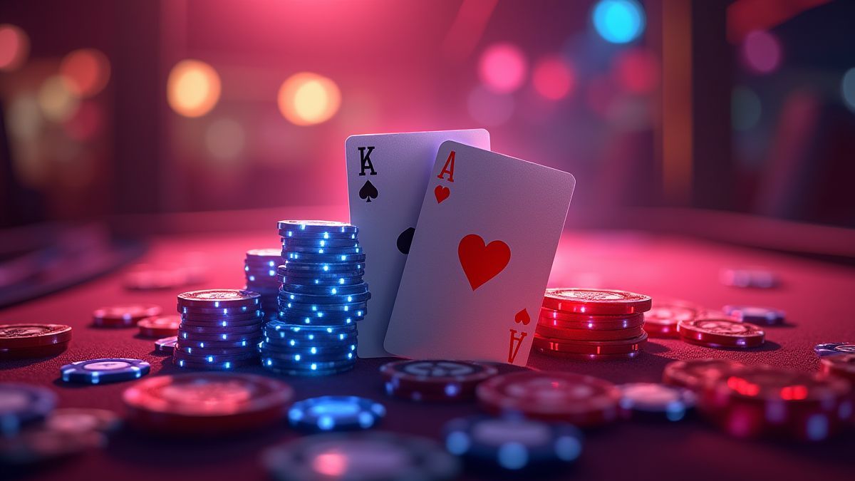 Pokerkarten und Chips, die in einem lebhaften Casino leuchten.