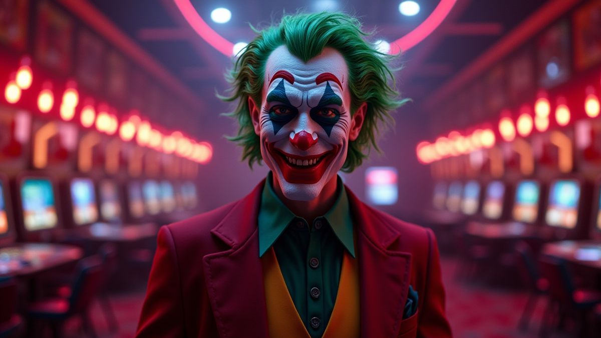 Ein animierter Joker in einem mit Neonlichtern beleuchteten Casino.