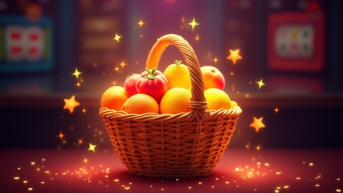 Leuchtende Früchte in einem Korb mit Sternen darum in einer Retro-Casino-Umgebung.