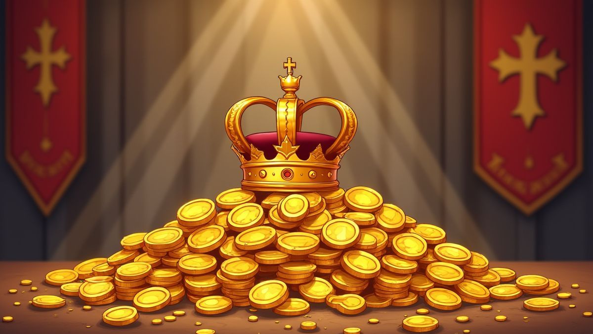 Montón de monedas de oro y una corona en un entorno medieval.