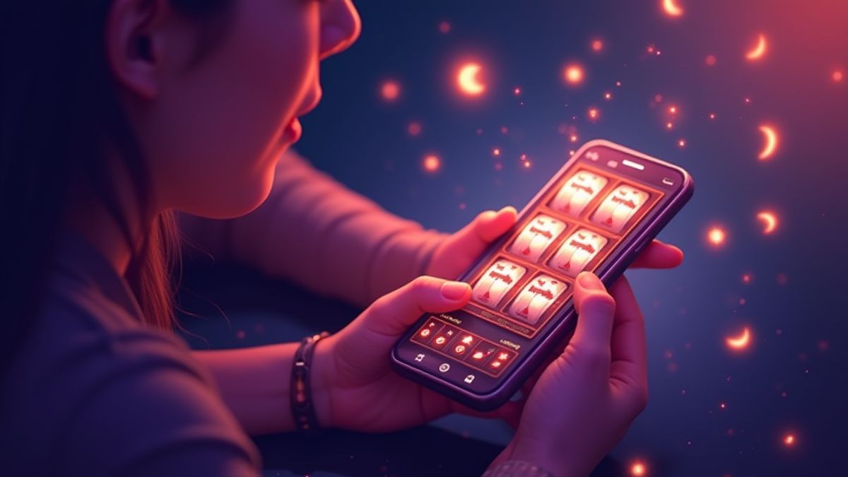 Usuário jogando em uma máquina caça-níqueis a partir de seu smartphone com efeitos brilhantes
