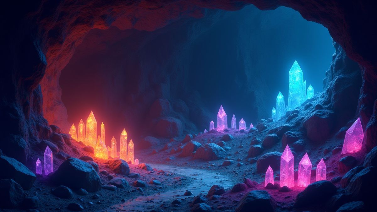 A glowing underground mine filled with colorful crystals.