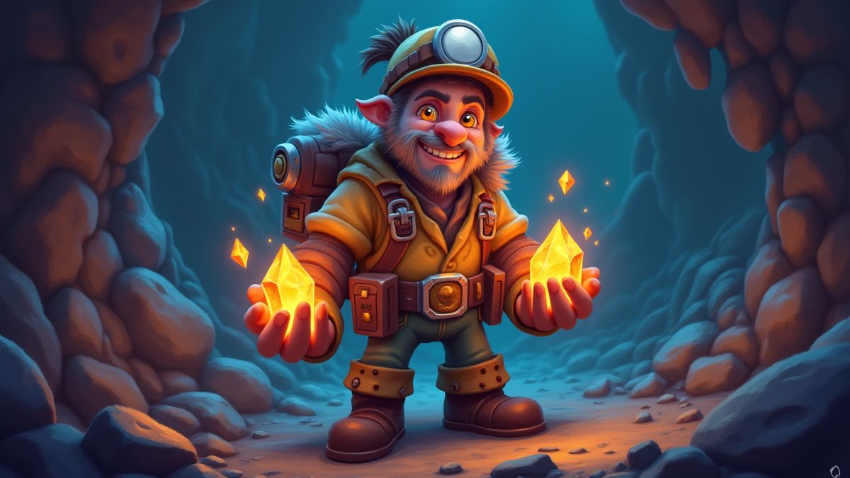An eccentric miner with glowing crystals in a vibrant mine.