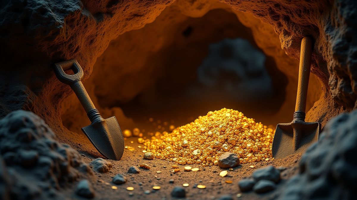Cueva con pepitas de oro y herramientas de minería como palas y picos.