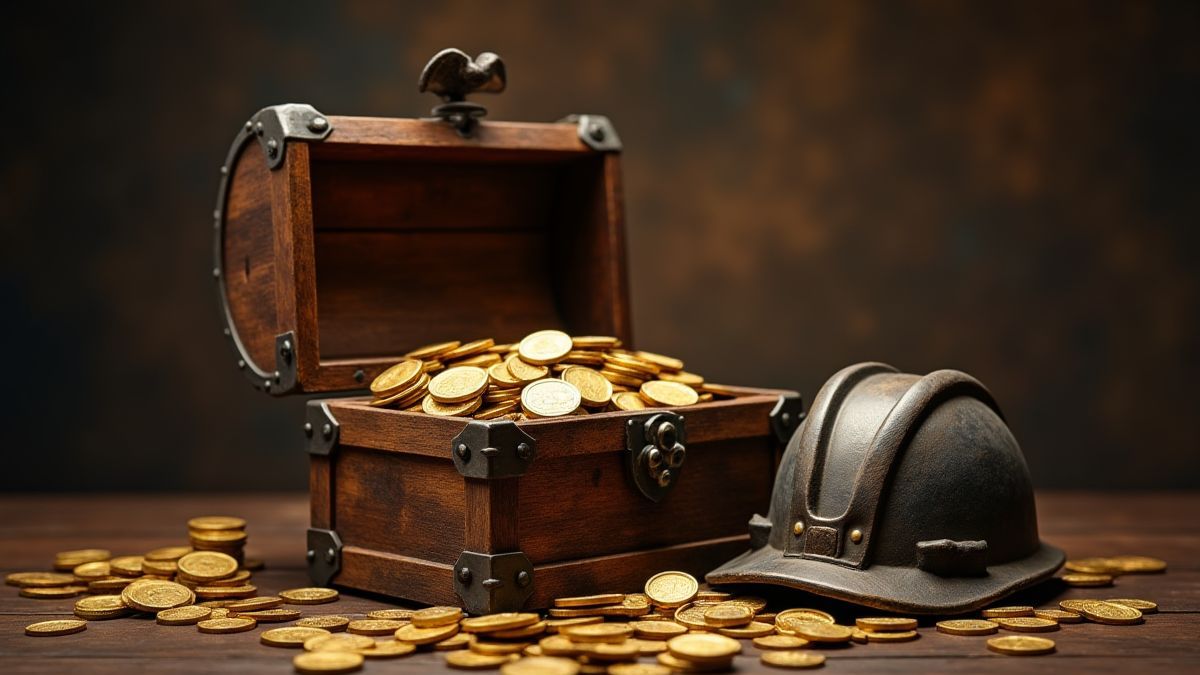Cofre del tesoro lleno de monedas de oro y un casco de minero.