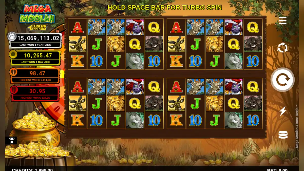 Mega Moolah 4Tune Reels base game screen