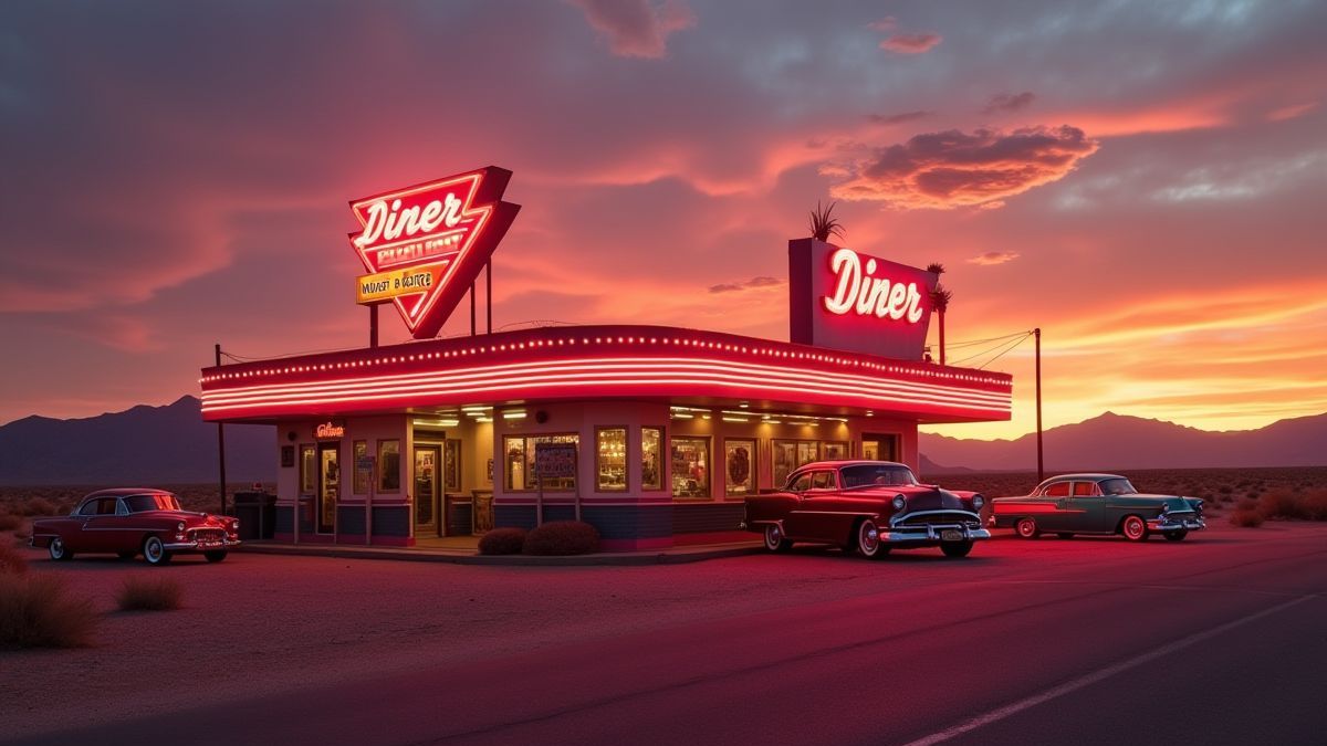 Restaurante de estrada com luzes de néon e carros clássicos estacionados.